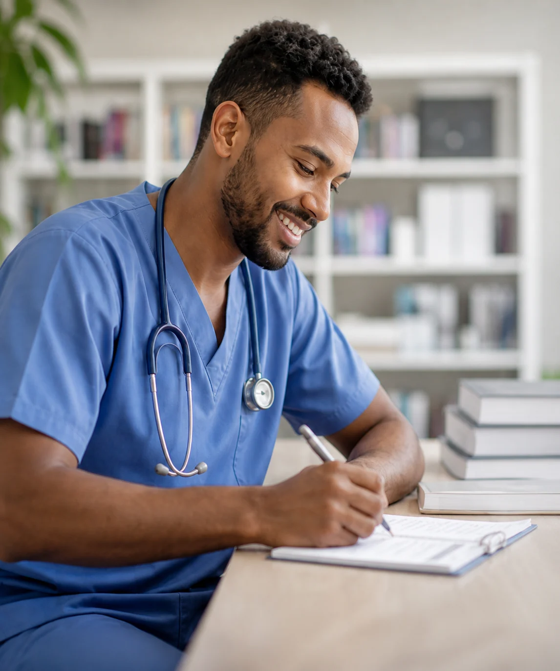 Médico residente estudando um caso clínico em uma sala iluminada